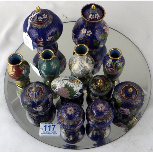 117 - A collection of Chinese cloisonné enamel miniatures including four open vases and two covered vases.... 