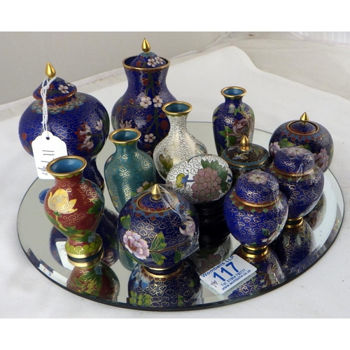 117 - A collection of Chinese cloisonné enamel miniatures including four open vases and two covered vases.... 