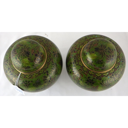 118 - A pair of Chinese cloisonné enamel ginger jars on carved stands.  Each approximately 18cm total heig... 