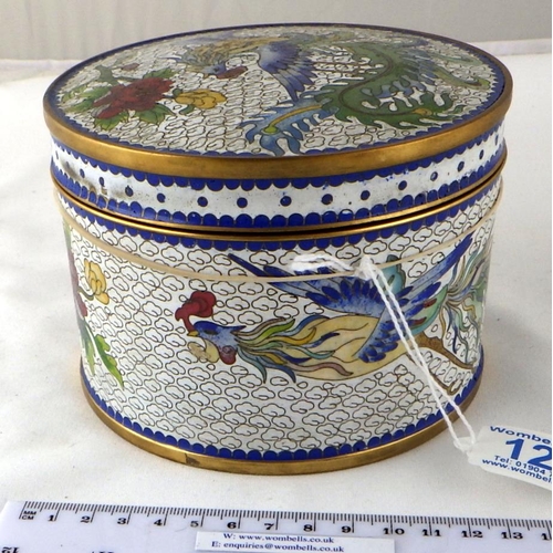 120 - A Chinese cloisonné enamel circular covered box.  13cm diameter.