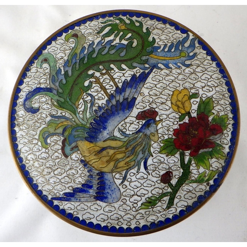 120 - A Chinese cloisonné enamel circular covered box.  13cm diameter.