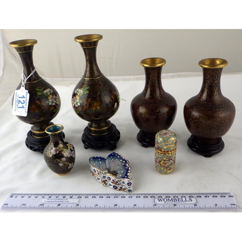 121 - Two pairs of Chinese cloisonné enamel vases with carved stands, the larger 18.5cm tall; another vase... 