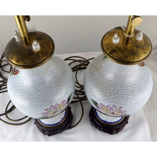 127 - A pair of Chinese cloisonné vase based table lamps on wooden stands.  69cm tall