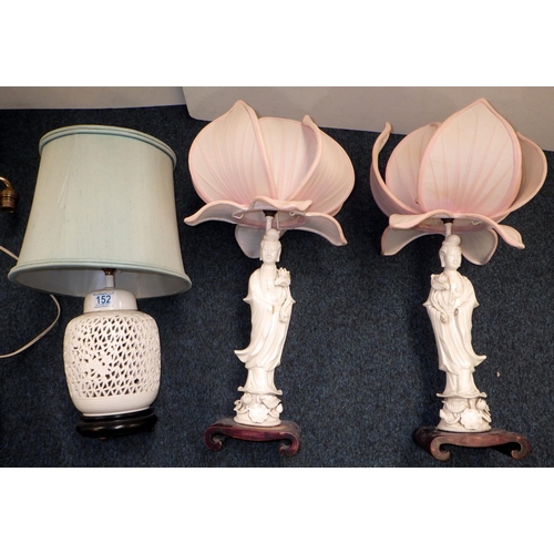 152 - A pair of Dehua porcelain / Blanc de Chine figural table lamps, 53cm tall with shades; two further t... 