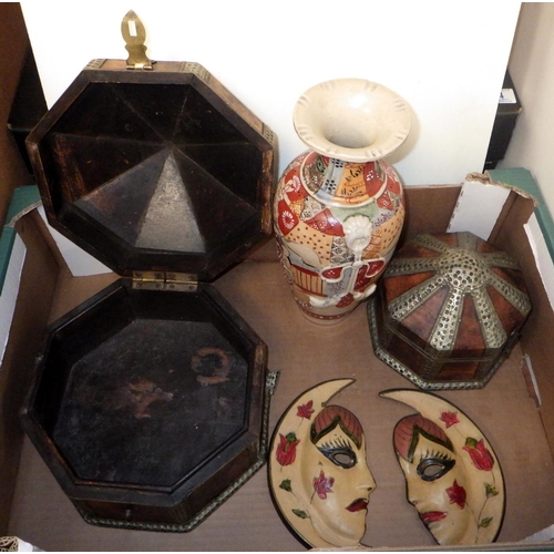 57 - A Satsuma vase, Oriental wooden boxes, a flask in a modern display case. (2)