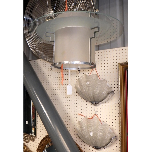 63 - An Art Deco influence hanging light together with a pair of shell-shaped wall lights.  (3)