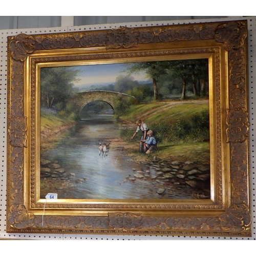 64 - C D Howells, Father & son fishing in a stream, signed framed oil on canvas 85 x 75cm inc frame