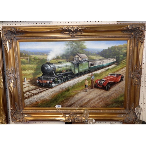 65 - C D Howells, Father & son watching train, signed framed oil on canvas 92 x 72cm inc frame