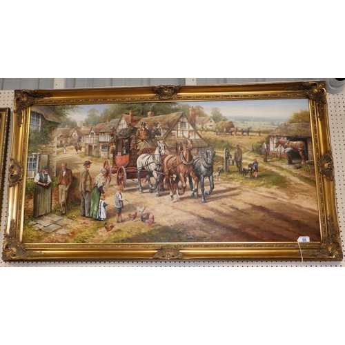 66 - C D Howells, coach and horses travelling through a village signed large framed oil on canvas 135 x 7... 