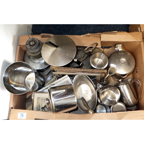 70 - Various metalwares incl a double tap chrome plated smaovar. (3)