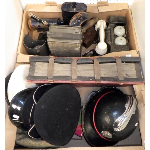 72 - A Belgian fire helmet, other caps incl military interest; a gas mask; a field telephone etc. (2)