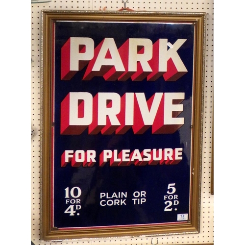 75 - Park Drive For Pleasure - a cigarette advertising sign, enamel on metal presented in a later gilt fr... 