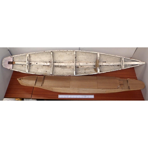 190 - A pond yacht hull, 121cm long; a wooden model of a liner hull. (2)