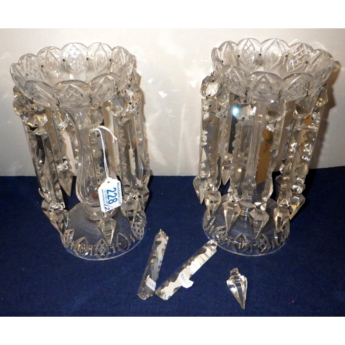 228 - A pair of clear glass lustres, a/f.   Each 25cm