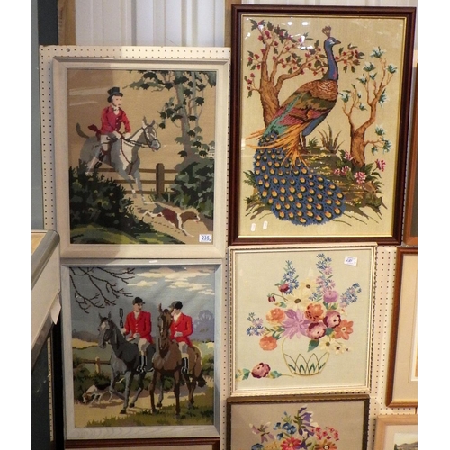 235 - A collection of framed woolwork and needlework pictures including foxhunting and royal commemorative... 