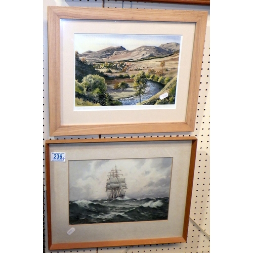 236 - A tall ship under sail, maritime scene on paper indistinct signature, 28 x 20cm within mount and fra... 