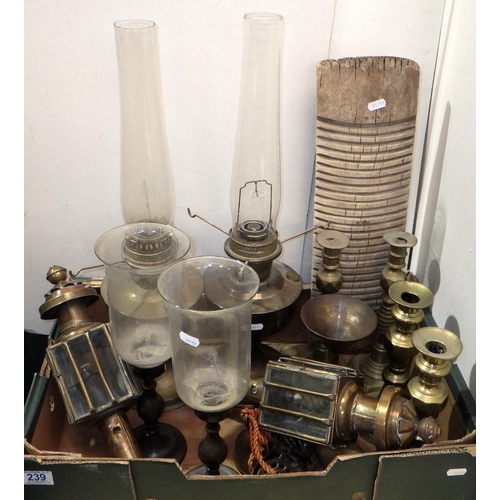 239 - Two pairs of Victorian brass candlesticks; other metalwares incl a pair of reproduction carriage lam... 