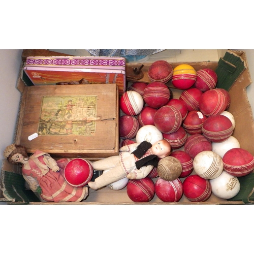 242 - A toy building block set, early 20th cent, boxed; other toys incl a boxed doll; various cricket ball... 