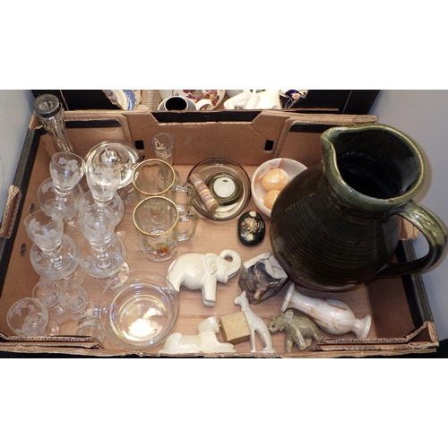 259 - Two boxes of misc glass and ceramics to include Royal Worcester wall plates, carved stone animals et... 