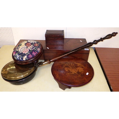 265 - A 19thC mahogany writing box together with an inlaid sewing box, two foot stools, bed pan and a smal... 