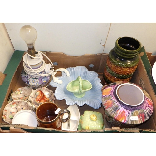 268 - An enamel flour bin together with misc glass and ceramics to include Royal Albert, West German vases... 