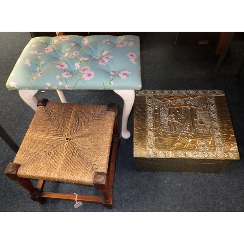 275 - A brass embossed coal box, door handles, two stools etc