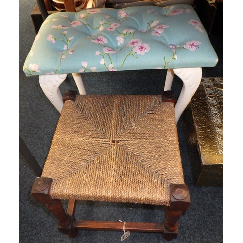 275 - A brass embossed coal box, door handles, two stools etc