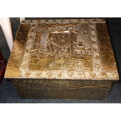 275 - A brass embossed coal box, door handles, two stools etc