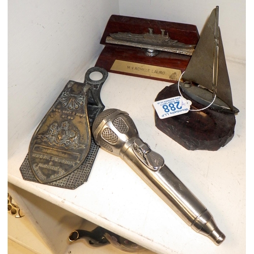 288 - A novelty microphone lighter (dent) together with two boat models and a 19thC Mary Phipson letter cl... 