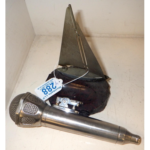 288 - A novelty microphone lighter (dent) together with two boat models and a 19thC Mary Phipson letter cl... 