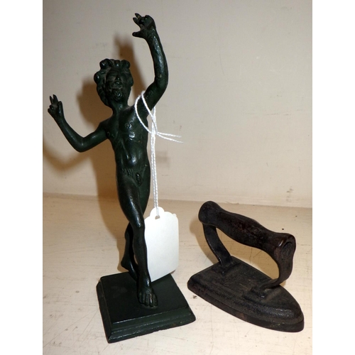 308 - A cast metal nude together with a miniature flat iron & Three letter scales