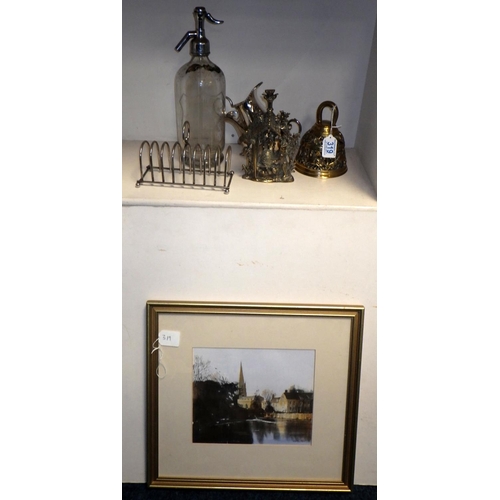 319 - A brass saints bell together with a brass bears plaque, soda syphon, epns toast rack, jug, gravy boa... 