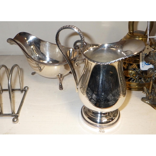 319 - A brass saints bell together with a brass bears plaque, soda syphon, epns toast rack, jug, gravy boa... 