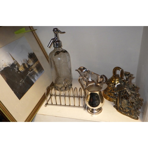 319 - A brass saints bell together with a brass bears plaque, soda syphon, epns toast rack, jug, gravy boa... 