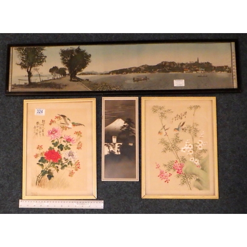 324 - A Chinese silk of a river together with three Oriental framed pictures (4)