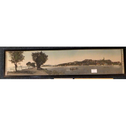 324 - A Chinese silk of a river together with three Oriental framed pictures (4)