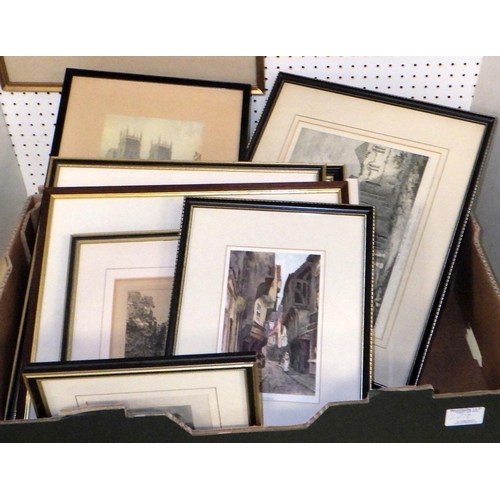 329 - A group of various framed prints to York interest together with two S Barnes Robson watercolours and... 