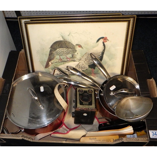 347 - Copper pans, Kodak Brownie, prints etc