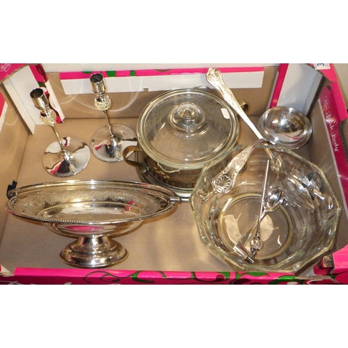 349 - Silver plated ladles, fruit bowl, candlesticks etc