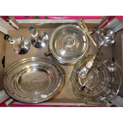 349 - Silver plated ladles, fruit bowl, candlesticks etc