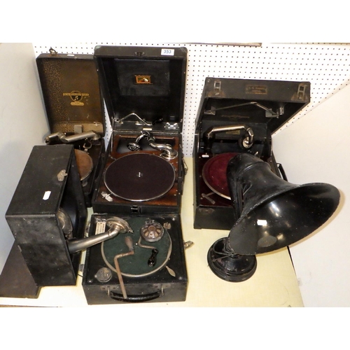 353 - Four various wind-up gramophones together with a Ultra horn speaker (5)