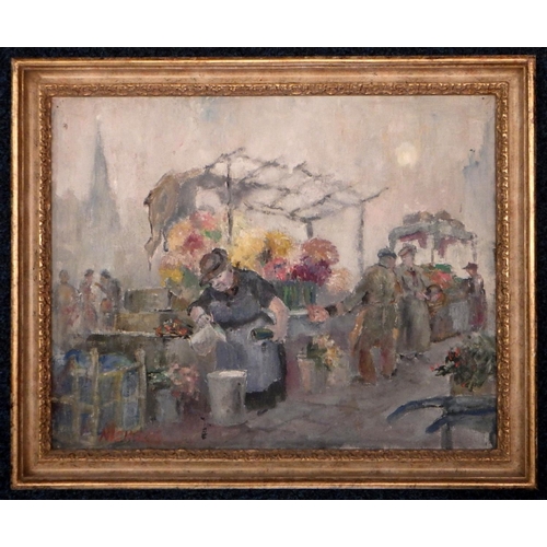 363 - A flower seller at her market stall, oil on canvas scene signed Nicholas (?).  50 x 40cm within wood... 