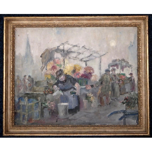 363 - A flower seller at her market stall, oil on canvas scene signed Nicholas (?).  50 x 40cm within wood... 