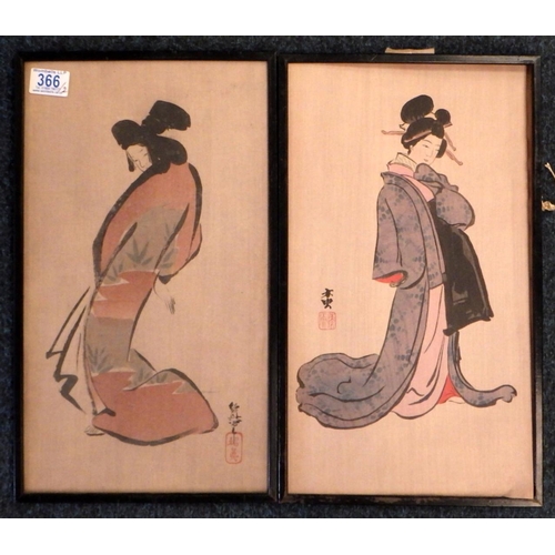 366 - Two Japanese figural studies, polychrome woodblock prints on paper framed as a pair.  Each 23 x 42.5... 