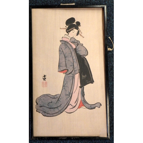 366 - Two Japanese figural studies, polychrome woodblock prints on paper framed as a pair.  Each 23 x 42.5... 