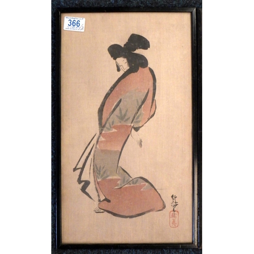 366 - Two Japanese figural studies, polychrome woodblock prints on paper framed as a pair.  Each 23 x 42.5... 