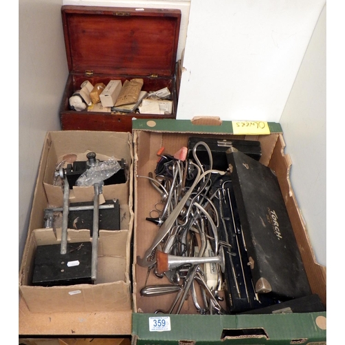 359 - A qty of surgical tools, vintage bandages etc (3)