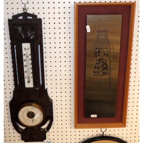 367 - A carved oak barometer together with a framed stainless plaque of a knight (2)