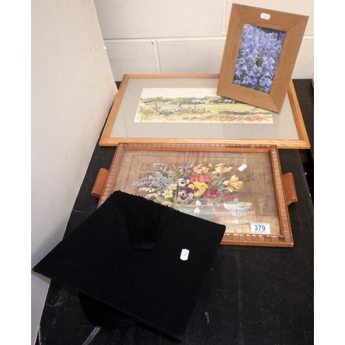 379 - A Mortar board hat, Van Gough Harvest print etc