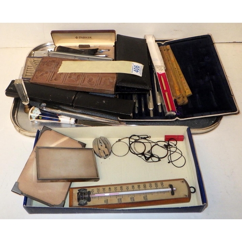 406 - A collectors' lot including Cross pens, propelling pencils, drawing sets, pince nez, a wooden ginger... 